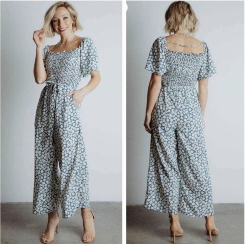 NWOT Baltic Born Kendall Dusty Blue Floral Jumpsuit Smocked Flutter Sleeve 3XL‎